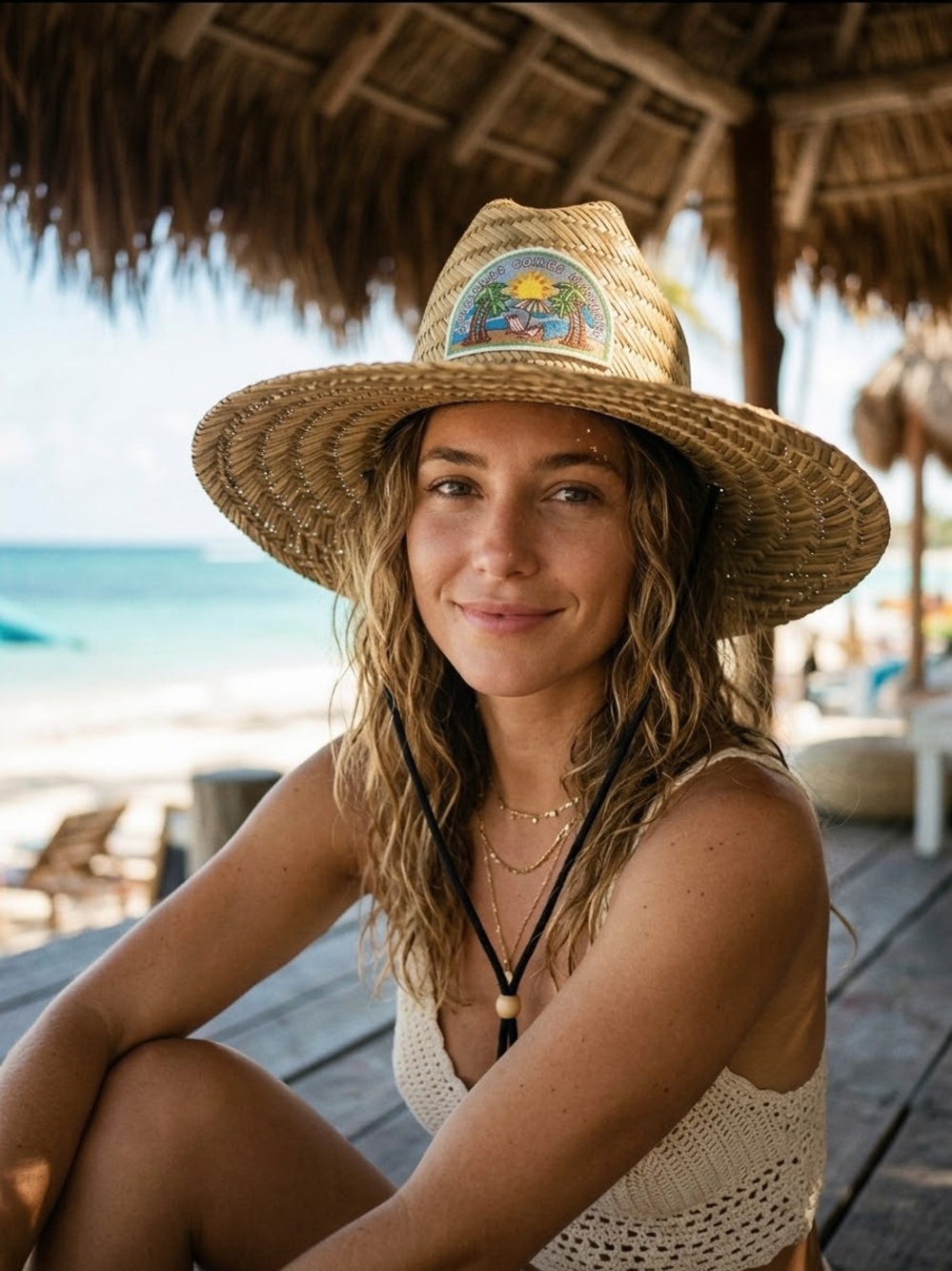 Anthropologie Natural Straw Sun Hat with Colorful Tropical Patch